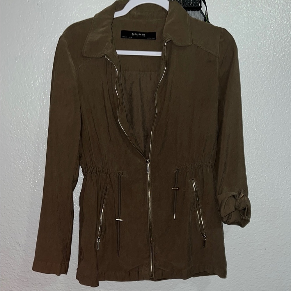 Zara Basic Collection Olive Green Utility Jacket with Suede Texture Small